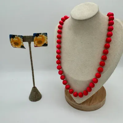 Vintage Pink Beaded Necklace With Flower Earrings