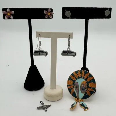 Costume Earrings, Seahawks Earrings & Barbara Lavallee Alaska Native-Style Brooch