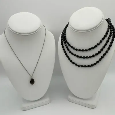 Black Beaded Necklace With Grey Costume Pendant Possible Smoky Topaz