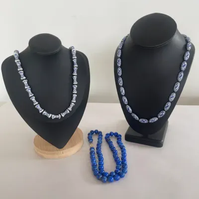 Beaded Necklaces w Asian Geometric Blue And White Beads and Round Blues Set
