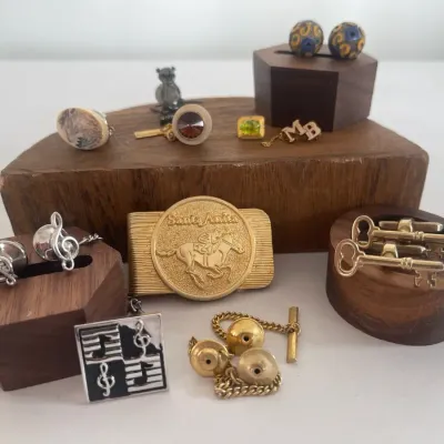 Mixed Material Tie Pins, Cuff Links, Beads And A Money Clip