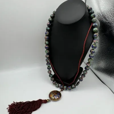 Beaded Necklace & Cloisonné Pendant On Braided Necklace