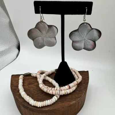Pukka Shell Necklace, Bracelet & Mother Of Pearl Plumeria Shaped Earrings