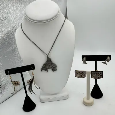 Vintage Barbara Lavalee Native American Cloisonné Earrings, Pewter Necklace & More