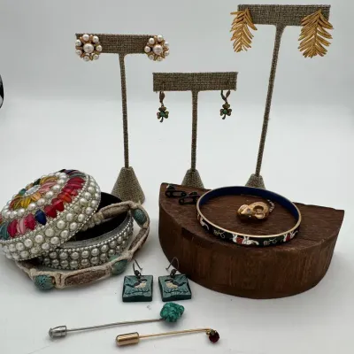 Monet Earrings, Costume Jewelry With Hemp Necklace & Decorative Box