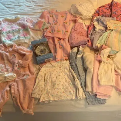 Vintage Baby Clothes including Sweaters, Two Piece Sets and More with Peter Rabbit Clock