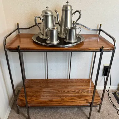 Pewter Coffee Serveware With Vintage Oak Bar Cart