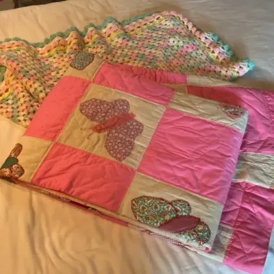 Handmade Pink Butterfly Full Size Quilt with Crocheted Blanket