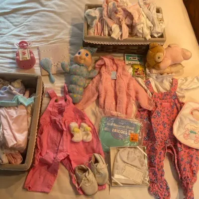 Vintage Baby Toys and Clothes including Overalls, Socks, Bibs and More