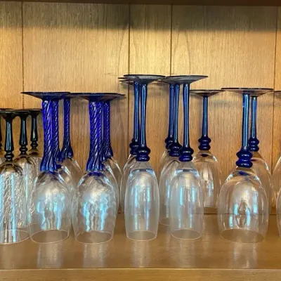 Blue Stemmed Champagne & Wine Glasses + Six Black Stemmed Fluted Glasses
