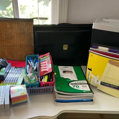 Office Supplies Including Notebooks, Paper Shredder, Data Stick, Briefcase & Vintage Paper Cutter