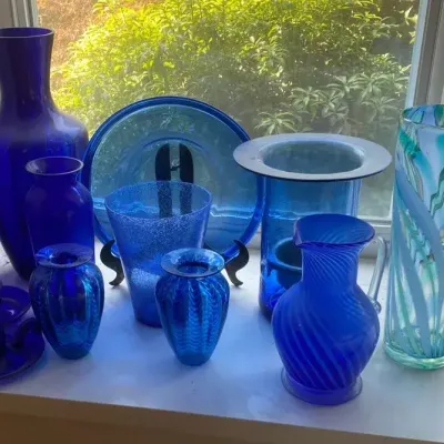 Blue Glass Vases, Plate and Candle Holders