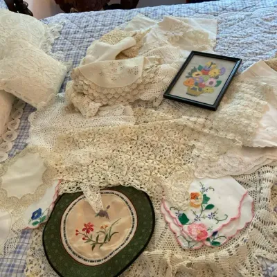 Vintage Lace, Doilies, Linens With Yarn Art