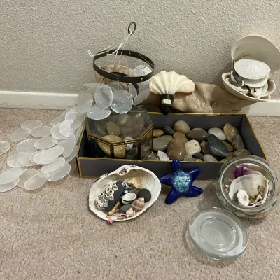 Collection Of Polished Rocks With Seashells, A Driftwood Piece & Capiz Shell Wind Chime
