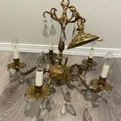 Vintage Brass Ceiling Chandelier With Clear Cut Crystal Prisms For Repair 