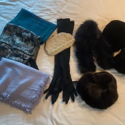 Vintage Fur and Feather Hats with Long Gloves, Beaded Clutch and Scarves