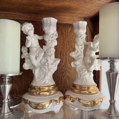 Eddie Bauer Home Pillars With LEF Candles & Chronatized Porcelain Cherub Candle Statues