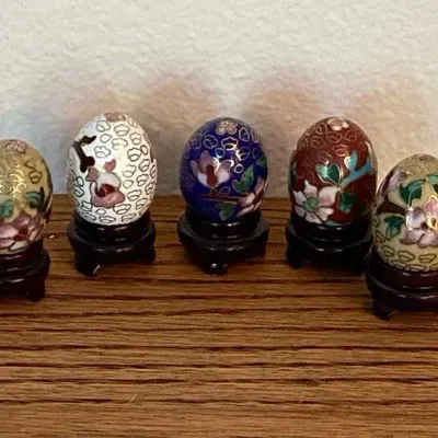 Miniature Cloisonné Eggs On Wooden Stands