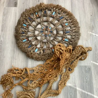 Vintage 32" Macrame Wall Hanging With Terra Cotta Beads & Two Rope Macrame Plant Hangers