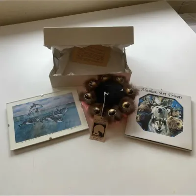 Mink Fur Blanket Toss Pin Cushion with Alaskan Art Trivet and “Orca Dance” Print