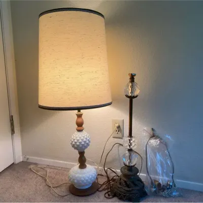 Wood and Milk Glass Lamp with Metal and Glass Lamp for Repair