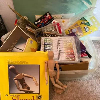 Artist Lot Of Sketchbooks, Acrylic Paints, Oil Pastels, Brushes & More