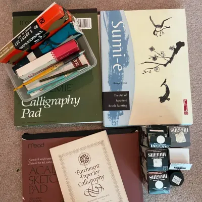 Japanese Brush Painting Set, Sketch Paper, Ink, Calligraphy Pens & Tips