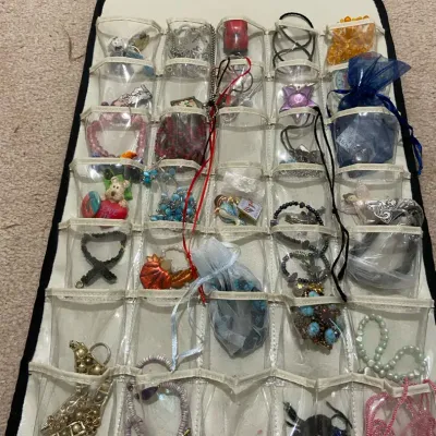 Mystery Lot Of Costume Jewelry With A Hanging Pouch Organizer
