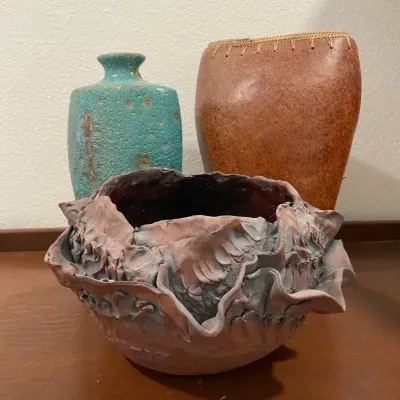 Burnish Brown Pottery Vase With Woven Top, Signed Pottery Bowl & Turquoise Textured Vase