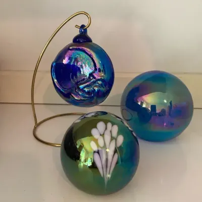 Multicolor Iridescent Paperweights & Hanging Hand Blown Glass “Moon” Ornament 