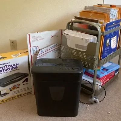 Staples Paper Shredder and Visioneer OneTouch Scanner with Metal Cart Full Of Shipping Supplies