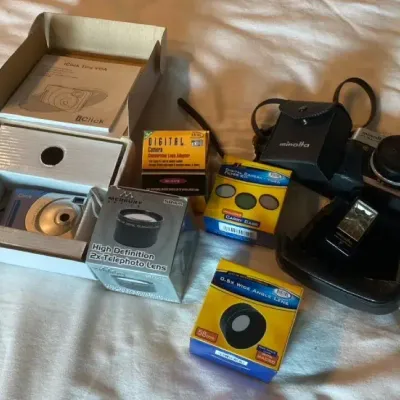 Vintage Minolta Hi-Matic Camera with Flash, Lenses and iClick Camera