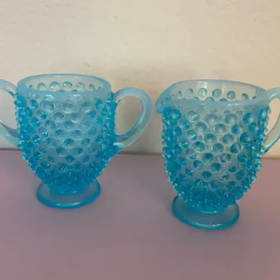 Fenton Hobnail Aqua Blue Milk Glass Creamer & Sugar