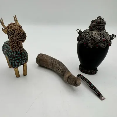 Antique Snuff Bottle With Sculpted Statue And Antler