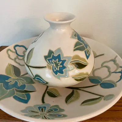 Large Ceramic Shallow Bowl With Matching Vase In Floral Design