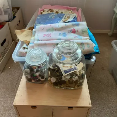 XL Bin Full Of Fabrics (cotton, suede & more), Vintage Buttons & Drawers Of Sewing Supplies 