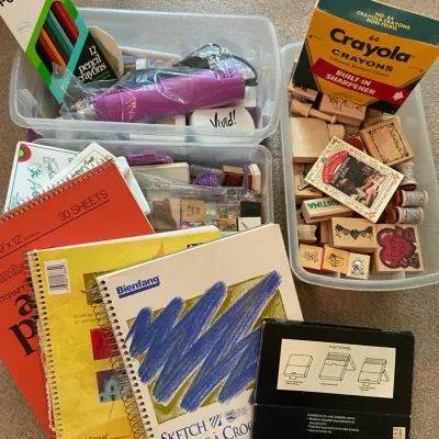  Crafting Lot Of Stamps, Sketch Books, Heat Tool, Colored Pencils & Crayons 