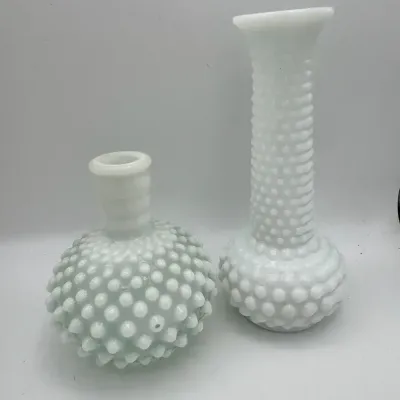 Vintage Depression Glass Hobnail Vase With Milk Glass Vase