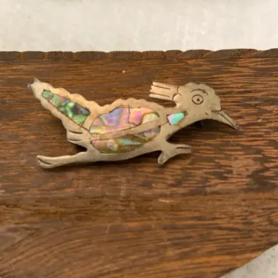 Vintage Mexican Sterling Silver And Abalone Inlay Roadrunner Broach