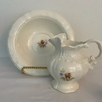 Vintage 2 Pc Arnels Ceramic Floral Pitcher & Wash Basin