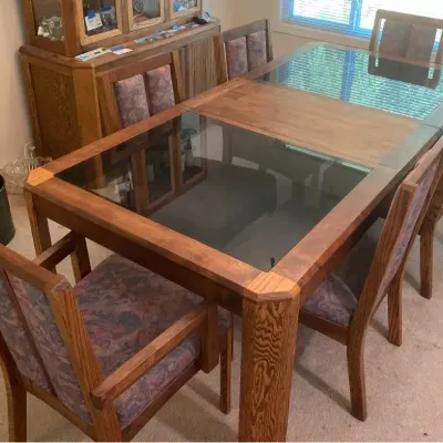 Glass Top Dining Table with Removable Leaf and 6 Upholstered Chairs