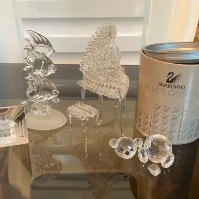Swarovski Silver Crystal Bear for Repair with Glass Piano, Swimming Fish and House Diorama