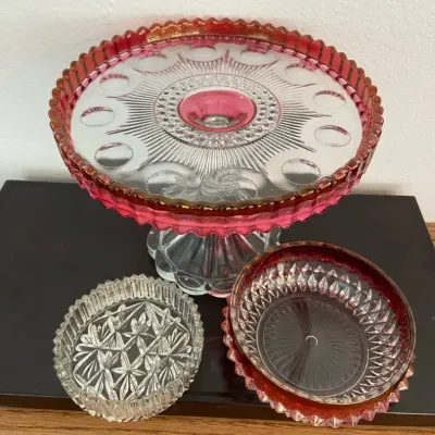 Vintage Pedestal Cranberry Cake Stand & Candy Dish With Clear Cut Glass Dish