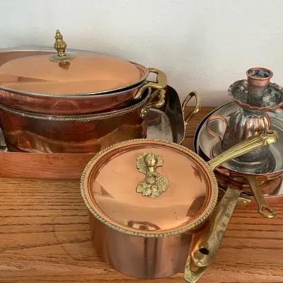 Copper Casserole Dishes, Lidded 7” Sauce Pan, Oval Skillets, 6” Skillet & Candle Holder