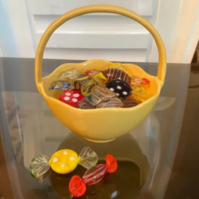 Glass Candies in Yellow Ceramic Basket