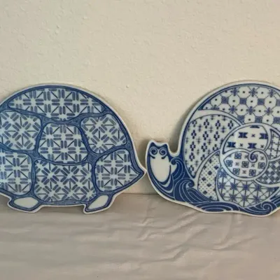 Vintage Blue & White Porcelain Snail & Turtle Trivets 