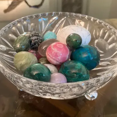 Collection of Polished Stone Eggs in Glass Candy Dish