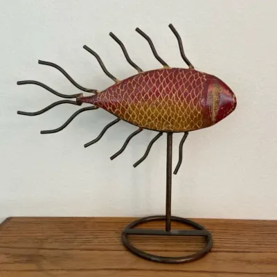Iron Red Fish Sculpture Ceramic & Metal On Stand 