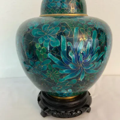 Turquoise, Blue & Gold Enameled Cloisonné Urn Wirh Floral With Motifs On Stand
