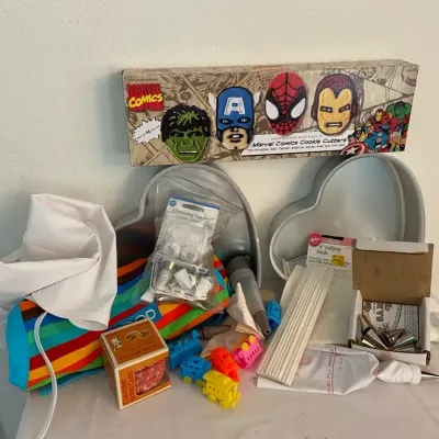 Marvel Cookie Cutters, Heart Pans, Decorating Tips & Two Aprons (Kid + Adult Sizes) 